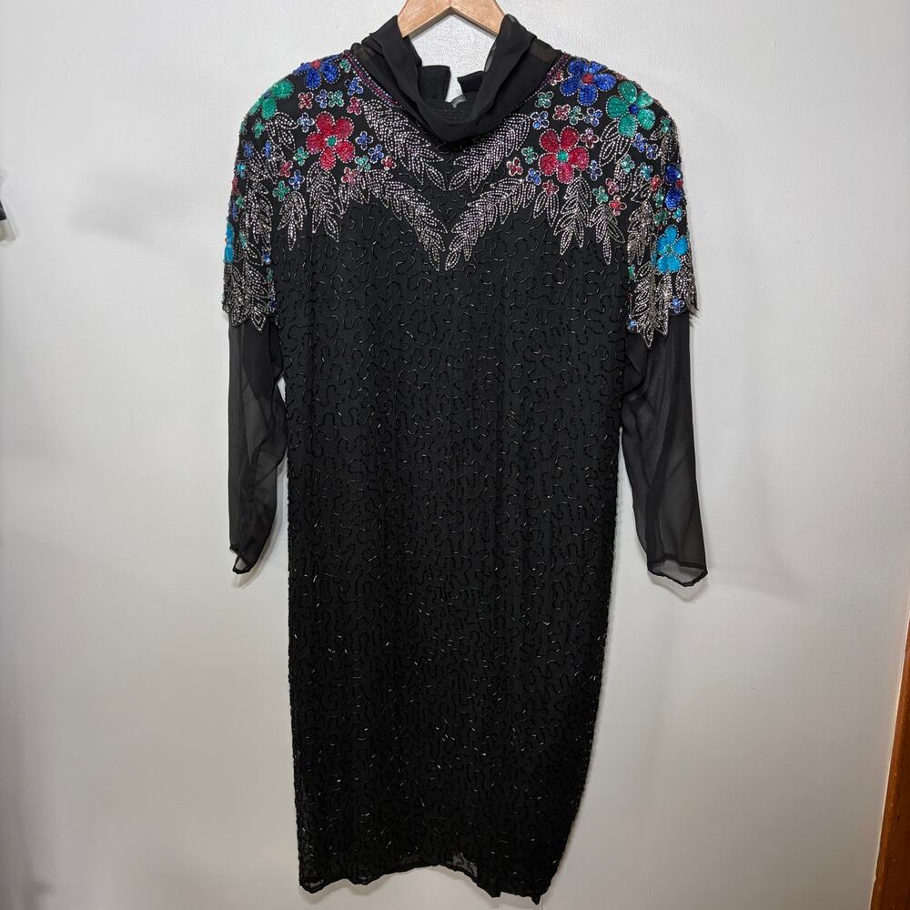 VTG Dress Beaded Teal Pink Silver Floral Sequin Black Sheer Formal Evening M